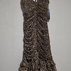 Ruched Leopard-Print Midi Dress in Brown/Black
